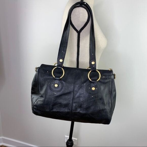 The Sak Pink Label Black Leather Satchel Shoulder Bag Brass Rings Double Strap - Picture 8 of 16